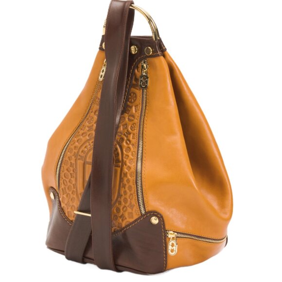 Marino Orlandi Cognac Chocolate Leather Embossed Convertible Sling Backpack - Picture 5 of 10